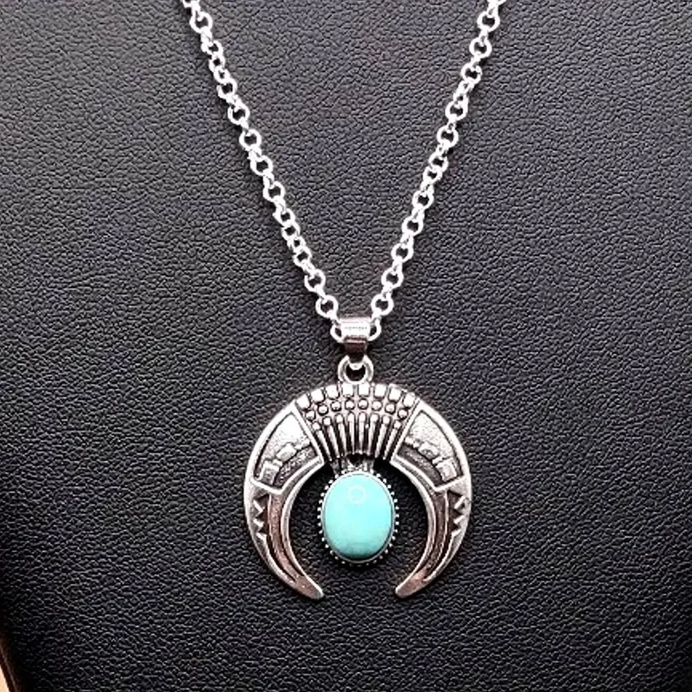 925 Silver Necklace w/ Turquoise Crescent Moon Pendant Women's Vintage Boho Gift